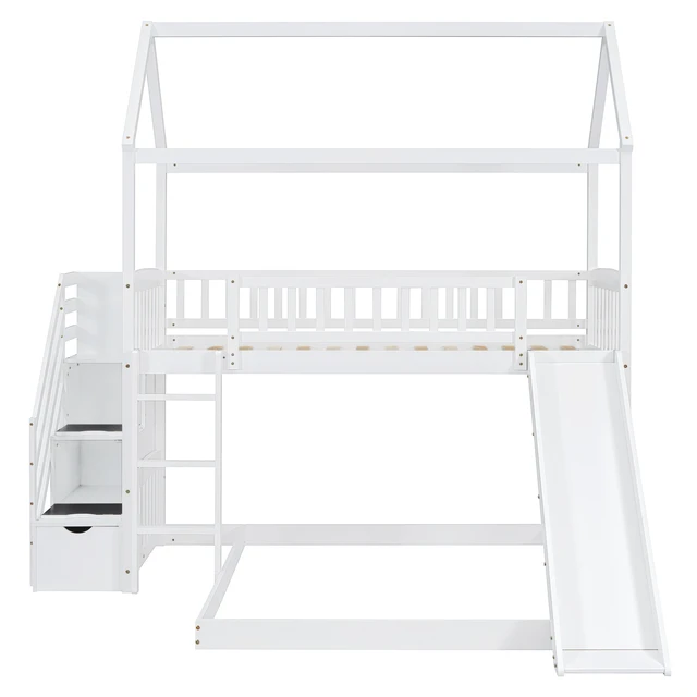 Alt view image 7 of 7 - Twin Over Full Bunk Bed with Slide, House Bed with Slide, White