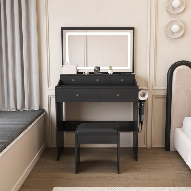 Main image of New Large Mirror Vanity Desk for Bed room , Modern Makeup Vanity Set with Power Outlet and Hair dryer holder, 5 Drawers , 3 Lighting Color Adjustable Dressing Table for Bedroom, Black Color