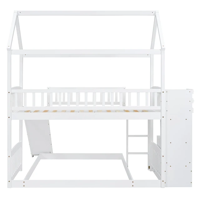 Alt view image 4 of 7 - Twin Over Full Bunk Bed with Slide, House Bed with Slide, White