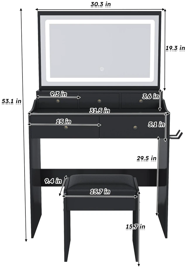 Alt view image 7 of 7 - New Large Mirror Vanity Desk for Bed room , Modern Makeup Vanity Set with Power Outlet and Hair dryer holder, 5 Drawers , 3 Lighting Color Adjustable Dressing Table for Bedroom, Black Color