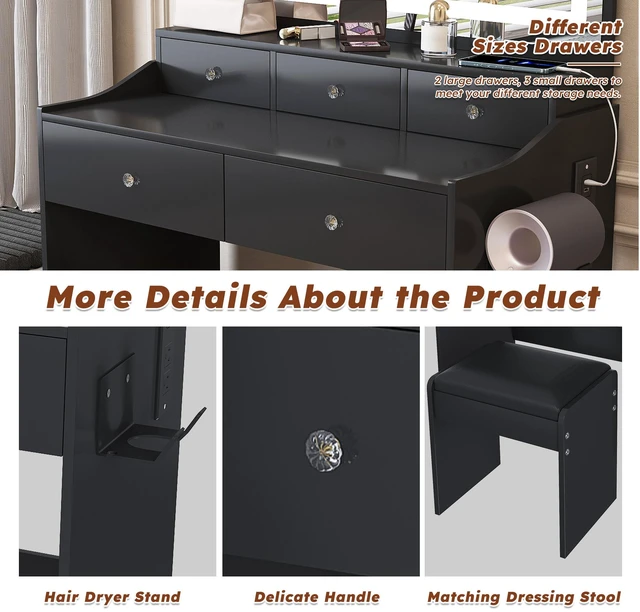 Alt view image 6 of 7 - New Large Mirror Vanity Desk for Bed room , Modern Makeup Vanity Set with Power Outlet and Hair dryer holder, 5 Drawers , 3 Lighting Color Adjustable Dressing Table for Bedroom, Black Color