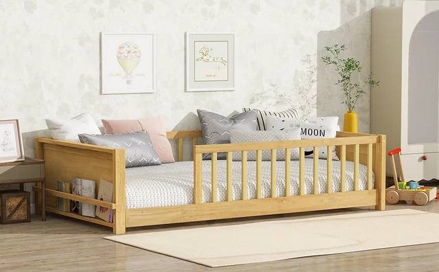 Alt view image 6 of 7 - Twin size Floor Platform Bed with Built-in Book Rack,Natural