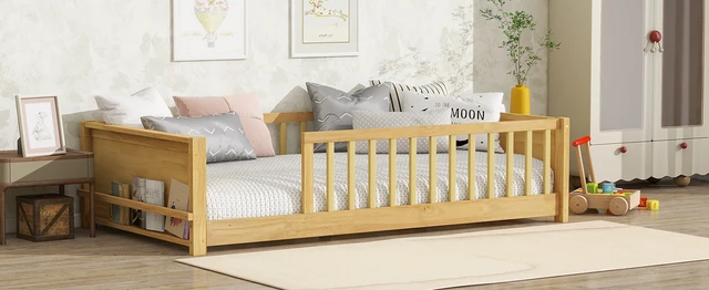 Alt view image 7 of 7 - Twin size Floor Platform Bed with Built-in Book Rack,Natural