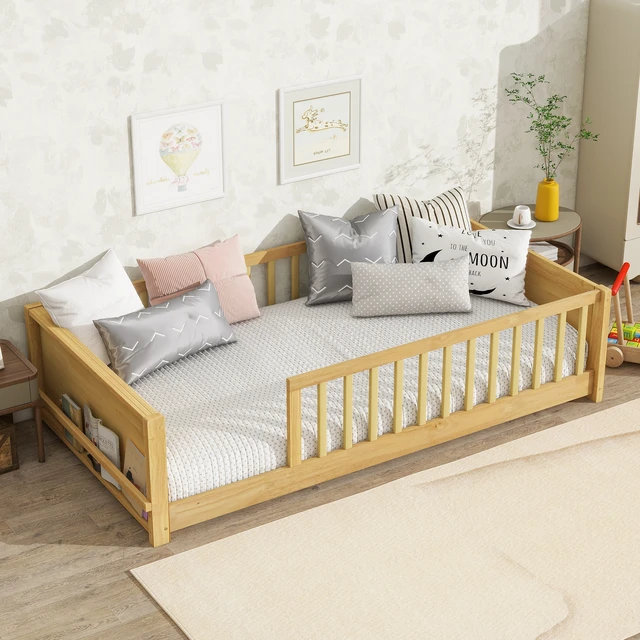Alt view image 3 of 7 - Twin size Floor Platform Bed with Built-in Book Rack,Natural