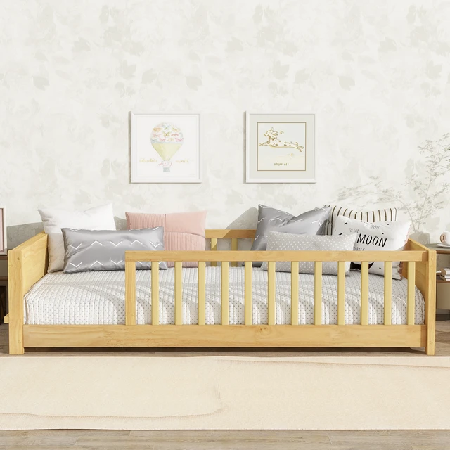 Alt view image 2 of 7 - Twin size Floor Platform Bed with Built-in Book Rack,Natural