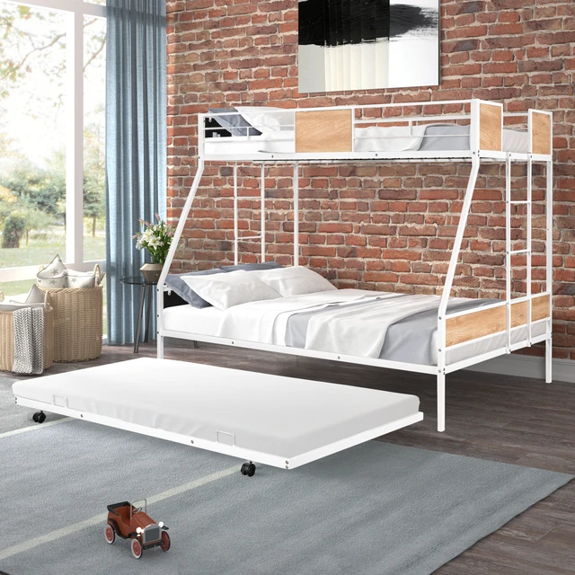 Alt view image 2 of 7 - Metal Twin over Full Bunk Bed with Trundle/ Heavy-duty Sturdy Metal/ Noise Reduced/ Safety Guardrail/ Wooden Decoration/ Convenient Trundle / Bunk Bed for Three/ CPC Certified/ No Box Spring Needed
