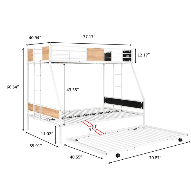 Alt view image 3 of 7 - Metal Twin over Full Bunk Bed with Trundle/ Heavy-duty Sturdy Metal/ Noise Reduced/ Safety Guardrail/ Wooden Decoration/ Convenient Trundle / Bunk Bed for Three/ CPC Certified/ No Box Spring Needed