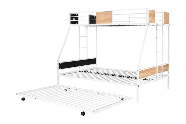 Alt view image 6 of 7 - Metal Twin over Full Bunk Bed with Trundle/ Heavy-duty Sturdy Metal/ Noise Reduced/ Safety Guardrail/ Wooden Decoration/ Convenient Trundle / Bunk Bed for Three/ CPC Certified/ No Box Spring Needed