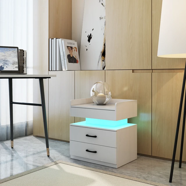 Alt view image 2 of 7 - 1 Set Nightstand with Adjustable LED Strip Light, 2-drawers, Large Storage Space, Suitable for Bedside Table, Coffee Table, Sofa Side Table or End Table for Study Desk