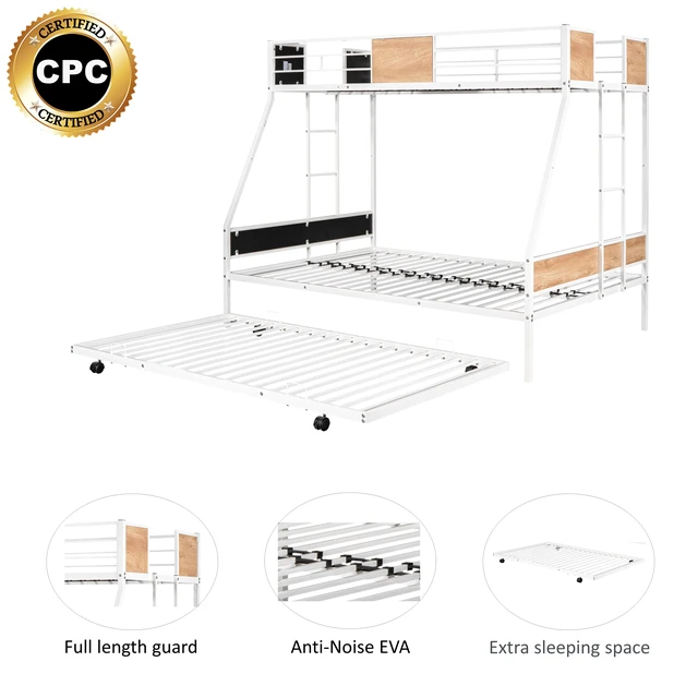 Alt view image 4 of 7 - Metal Twin over Full Bunk Bed with Trundle/ Heavy-duty Sturdy Metal/ Noise Reduced/ Safety Guardrail/ Wooden Decoration/ Convenient Trundle / Bunk Bed for Three/ CPC Certified/ No Box Spring Needed