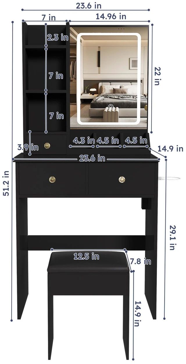 Alt view image 3 of 7 - Modern small Vanity Desk ,featuring 3 modes of LED lighting with adjustable brightness, 3 drawers and multiple open storage shelves, a hair dryer holder and power socket, and a dressing chair. black