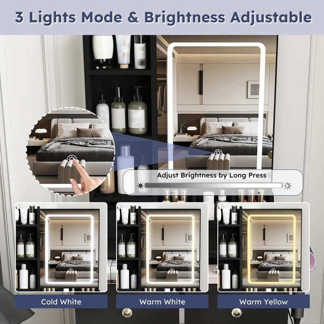 Alt view image 4 of 7 - Modern small Vanity Desk ,featuring 3 modes of LED lighting with adjustable brightness, 3 drawers and multiple open storage shelves, a hair dryer holder and power socket, and a dressing chair. black
