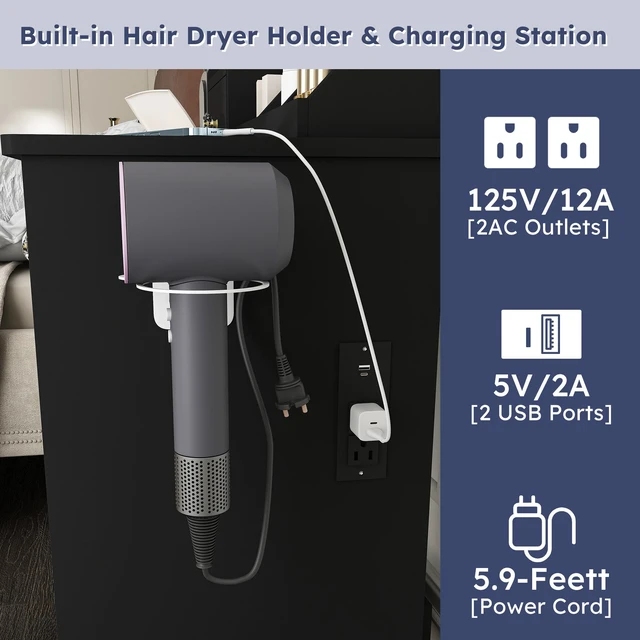 Alt view image 7 of 7 - Modern small Vanity Desk ,featuring 3 modes of LED lighting with adjustable brightness, 3 drawers and multiple open storage shelves, a hair dryer holder and power socket, and a dressing chair. black