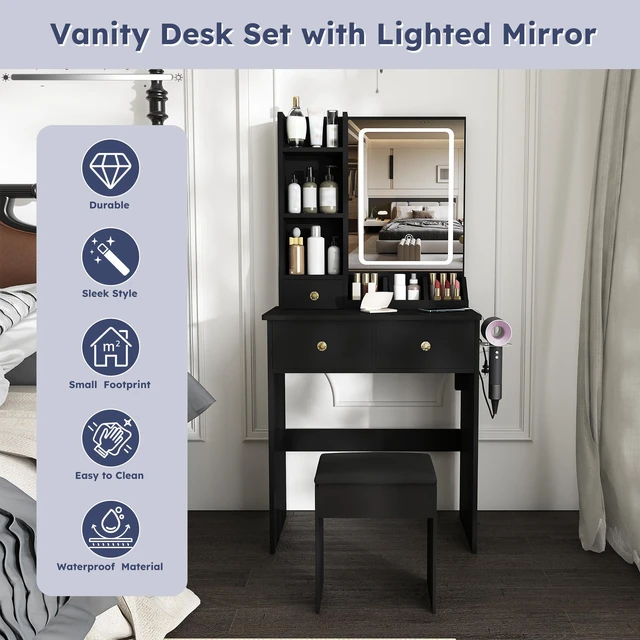Alt view image 5 of 7 - Modern small Vanity Desk ,featuring 3 modes of LED lighting with adjustable brightness, 3 drawers and multiple open storage shelves, a hair dryer holder and power socket, and a dressing chair. black