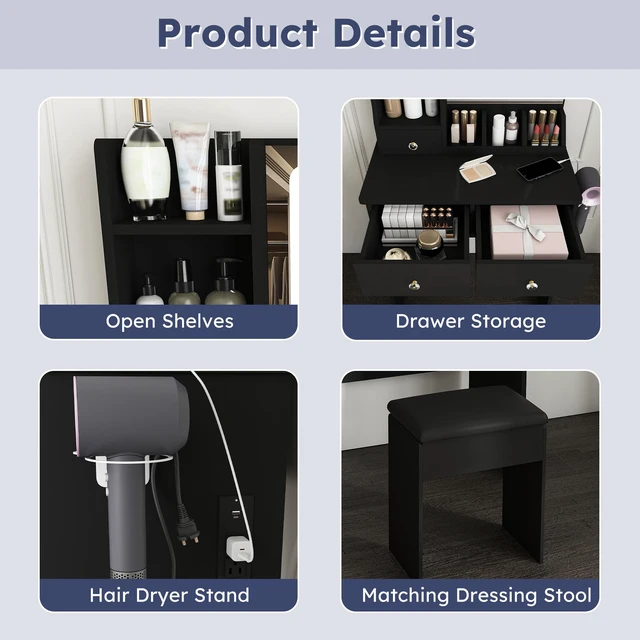 Alt view image 6 of 7 - Modern small Vanity Desk ,featuring 3 modes of LED lighting with adjustable brightness, 3 drawers and multiple open storage shelves, a hair dryer holder and power socket, and a dressing chair. black