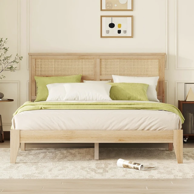 Main image of Queen Size Rubber Wooden, Solid Wooden Bed with Rattan Headboard, Enhanced by Support Feet,Natural
