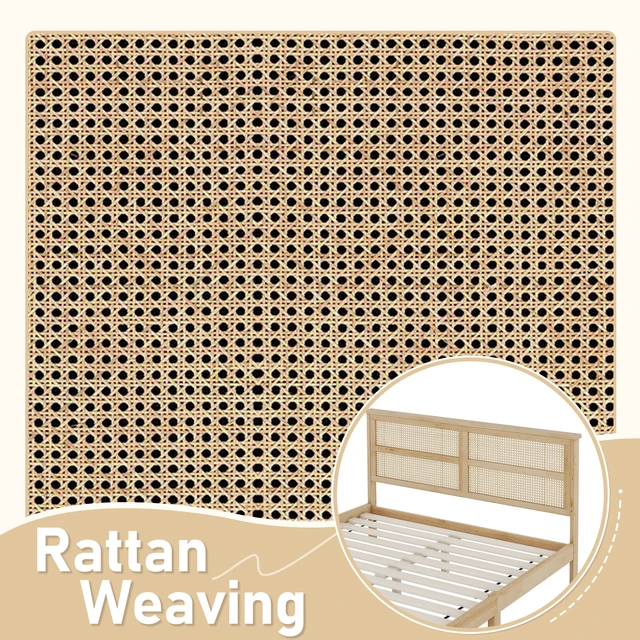 Alt view image 2 of 7 - Queen Size Rubber Wooden, Solid Wooden Bed with Rattan Headboard, Enhanced by Support Feet,Natural