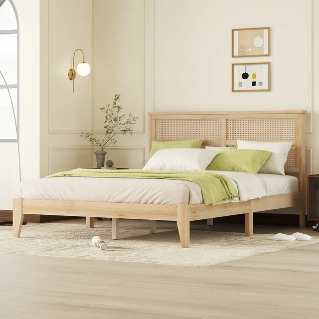 Alt view image 4 of 7 - Queen Size Rubber Wooden, Solid Wooden Bed with Rattan Headboard, Enhanced by Support Feet,Natural