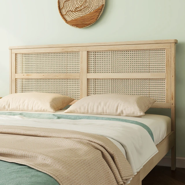 Alt view image 5 of 7 - Queen Size Rubber Wooden, Solid Wooden Bed with Rattan Headboard, Enhanced by Support Feet,Natural