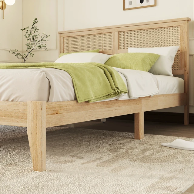 Alt view image 6 of 7 - Queen Size Rubber Wooden, Solid Wooden Bed with Rattan Headboard, Enhanced by Support Feet,Natural
