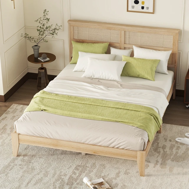 Alt view image 3 of 7 - Queen Size Rubber Wooden, Solid Wooden Bed with Rattan Headboard, Enhanced by Support Feet,Natural
