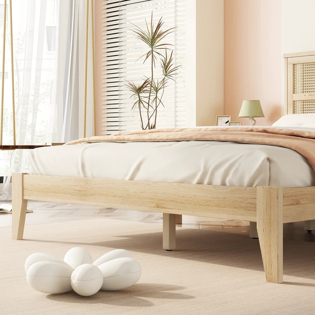 Alt view image 7 of 7 - Queen Size Rubber Wooden, Solid Wooden Bed with Rattan Headboard, Enhanced by Support Feet,Natural