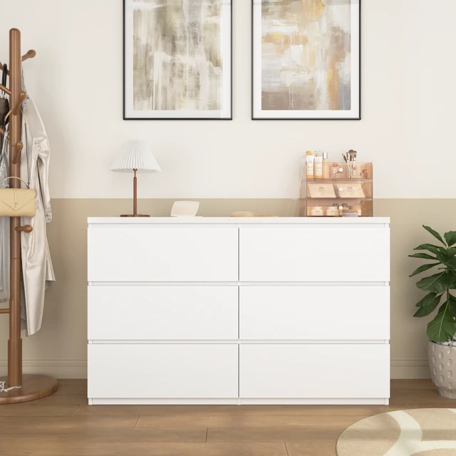 Alt view image 3 of 7 - 6 Drawer Storage Cabinet ,Dresser, Wood Storage Tower Clothes Organizer, Wide Chest of 6 Drawers, Large Storage Space for Bedroom, Hallway, Entryway Living Room White