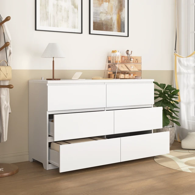 Alt view image 2 of 7 - 6 Drawer Storage Cabinet ,Dresser, Wood Storage Tower Clothes Organizer, Wide Chest of 6 Drawers, Large Storage Space for Bedroom, Hallway, Entryway Living Room White