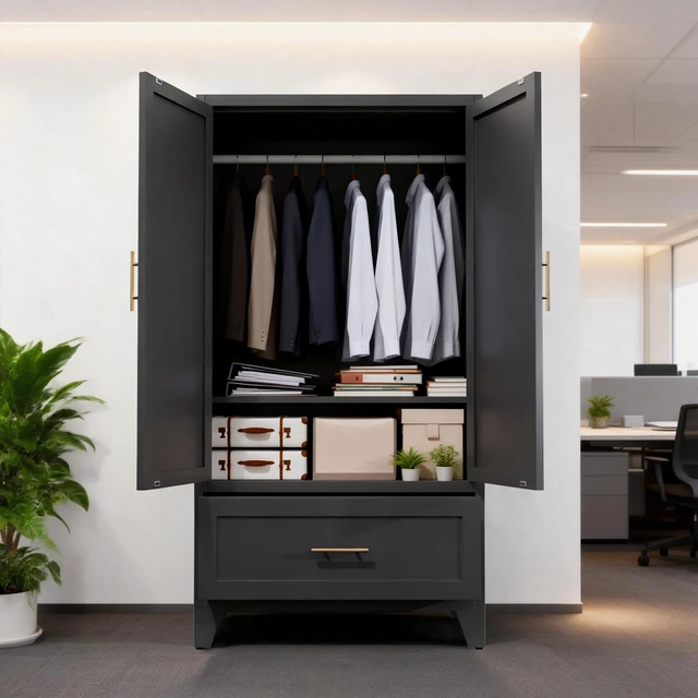Alt view image 4 of 7 - 60" Tall Metal Wardrobe Cabinet with 1 Drawer and Hanging Rod, 2 Doors Wardrobe Closet with Shelf for Bedroom, Office, Laundry Room,Entryway ,Foyer,Guesthouse (Black)