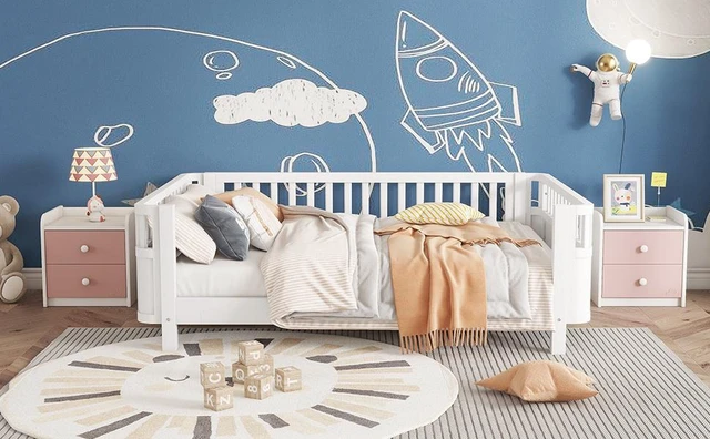 Alt view image 5 of 7 - Full Size Wood Platform Bed for Kids, Wood Low Profile Full Bed with Rails for Girls and Boys, White (Patented Design, Old SKU W2593P233767)
