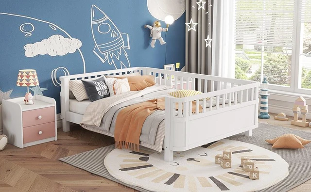 Alt view image 6 of 7 - Full Size Wood Platform Bed for Kids, Wood Low Profile Full Bed with Rails for Girls and Boys, White (Patented Design, Old SKU W2593P233767)
