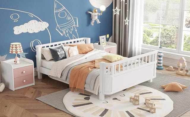 Alt view image 7 of 7 - Full Size Wood Platform Bed for Kids, Wood Low Profile Full Bed with Rails for Girls and Boys, White (Patented Design, Old SKU W2593P233767)