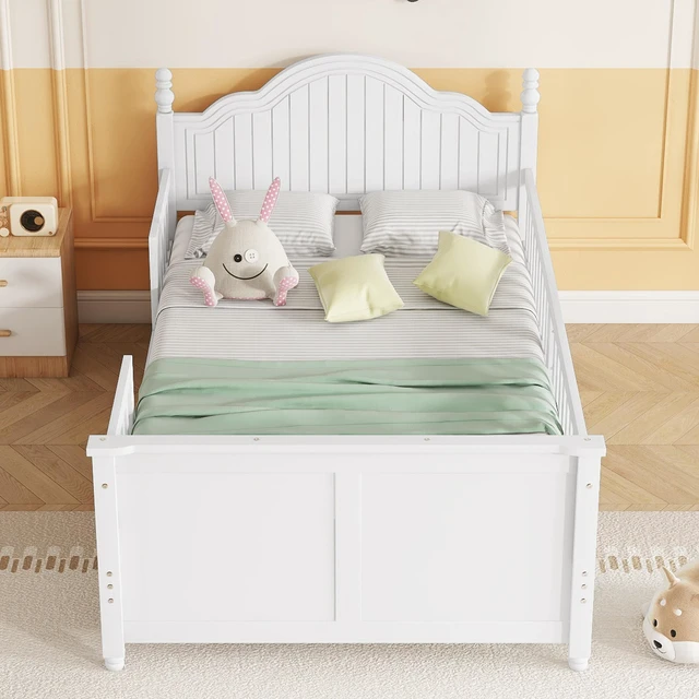 Alt view image 2 of 7 - Twin Size Bed For Kids, Wood Twin Platform Bed with Headboard and Footboard, White