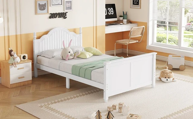 Alt view image 6 of 7 - Twin Size Bed For Kids, Wood Twin Platform Bed with Headboard and Footboard, White