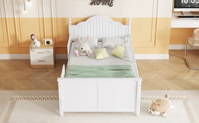 Alt view image 7 of 7 - Twin Size Bed For Kids, Wood Twin Platform Bed with Headboard and Footboard, White