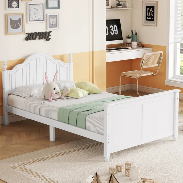 Main image of Twin Size Bed For Kids, Wood Twin Platform Bed with Headboard and Footboard, White