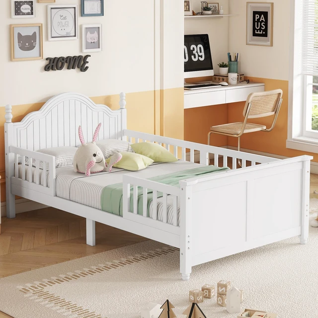 Alt view image 3 of 7 - Twin Size Bed For Kids, Wood Twin Platform Bed with Headboard and Footboard, White