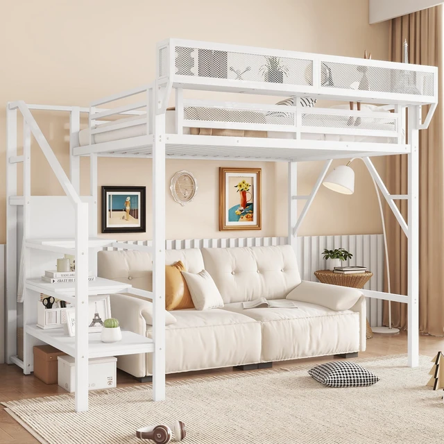 Main image of Twin Size Loft Bed with Stairs, Metal Loft Bed with Storage Shelves, High Loft Bed with Wardrobe for Kids Teens,White