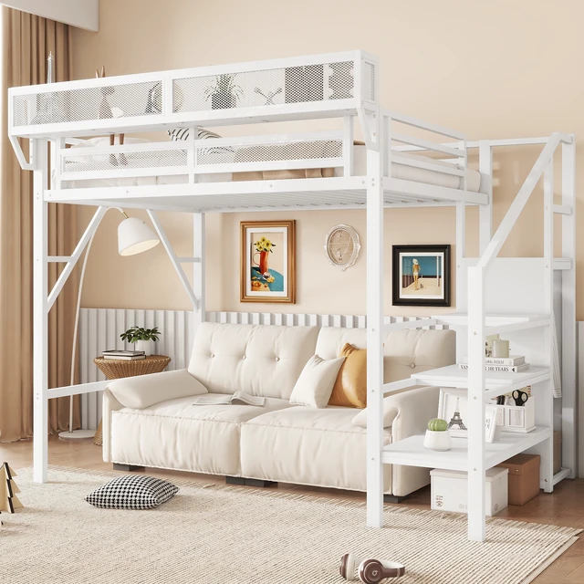 Alt view image 2 of 7 - Twin Size Loft Bed with Stairs, Metal Loft Bed with Storage Shelves, High Loft Bed with Wardrobe for Kids Teens,White