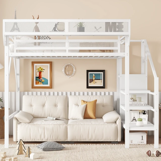 Alt view image 3 of 7 - Twin Size Loft Bed with Stairs, Metal Loft Bed with Storage Shelves, High Loft Bed with Wardrobe for Kids Teens,White