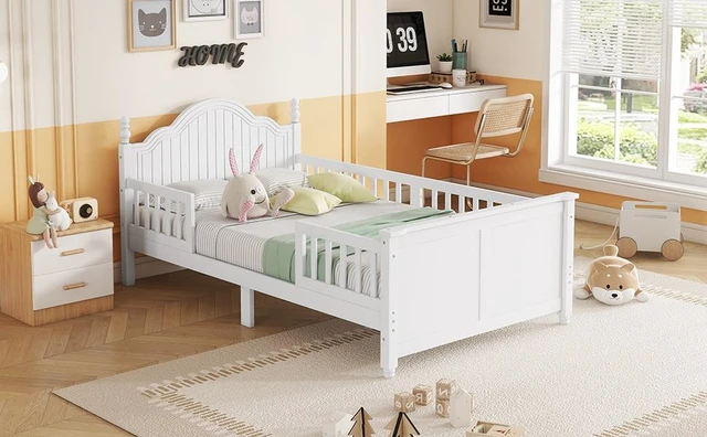 Alt view image 5 of 7 - Twin Size Bed For Kids, Wood Twin Platform Bed with Headboard and Footboard, White