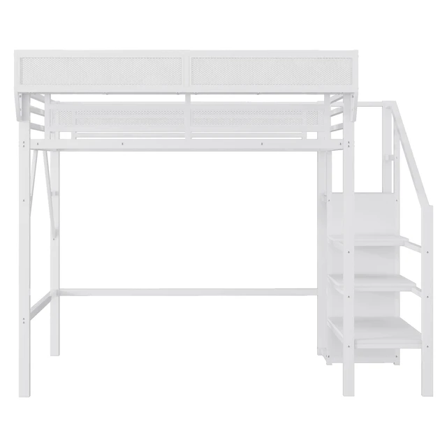 Alt view image 7 of 7 - Twin Size Loft Bed with Stairs, Metal Loft Bed with Storage Shelves, High Loft Bed with Wardrobe for Kids Teens,White
