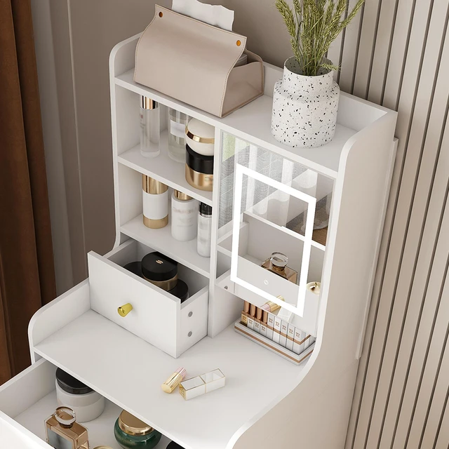 Alt view image 4 of 7 - 3-in-1 Dressing Table with LED Mirror & Storage Stool - Compact Makeup Vanity with 4 Drawers, Storage Cabinet & Hidden Stool, White Density Board Design, Open Bookshelf for Bedroom Organization