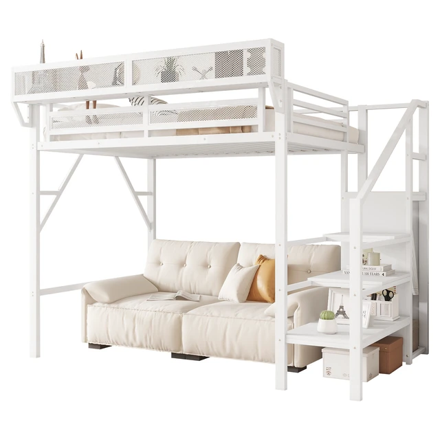 Alt view image 6 of 7 - Twin Size Loft Bed with Stairs, Metal Loft Bed with Storage Shelves, High Loft Bed with Wardrobe for Kids Teens,White