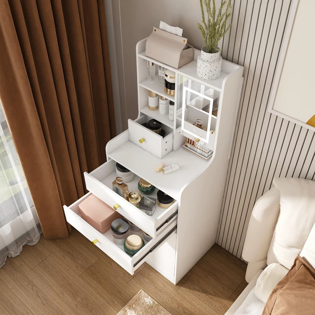 Alt view image 6 of 7 - 3-in-1 Dressing Table with LED Mirror & Storage Stool - Compact Makeup Vanity with 4 Drawers, Storage Cabinet & Hidden Stool, White Density Board Design, Open Bookshelf for Bedroom Organization