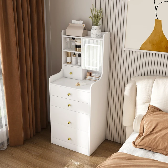 Alt view image 7 of 7 - 3-in-1 Dressing Table with LED Mirror & Storage Stool - Compact Makeup Vanity with 4 Drawers, Storage Cabinet & Hidden Stool, White Density Board Design, Open Bookshelf for Bedroom Organization