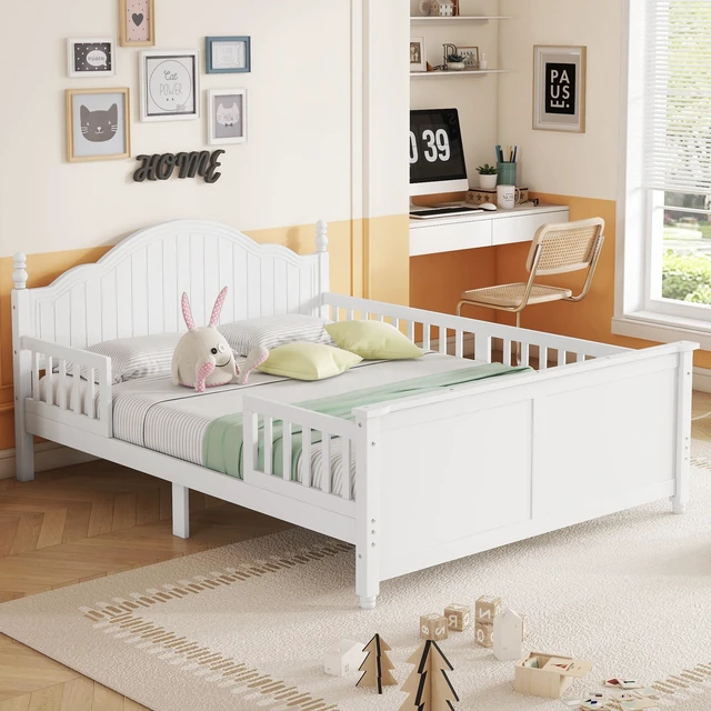 Main image of Full Size Bed For Kids, Wood Full Platform Bed with Headboard and Footboard, White