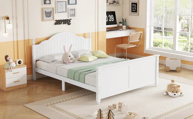 Alt view image 5 of 7 - Full Size Bed For Kids, Wood Full Platform Bed with Headboard and Footboard, White