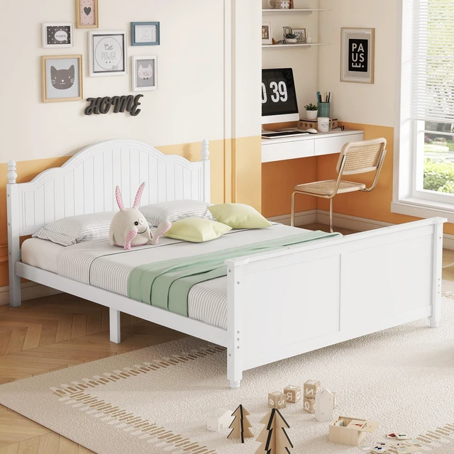 Alt view image 4 of 7 - Full Size Bed For Kids, Wood Full Platform Bed with Headboard and Footboard, White