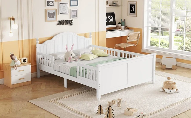 Alt view image 7 of 7 - Full Size Bed For Kids, Wood Full Platform Bed with Headboard and Footboard, White